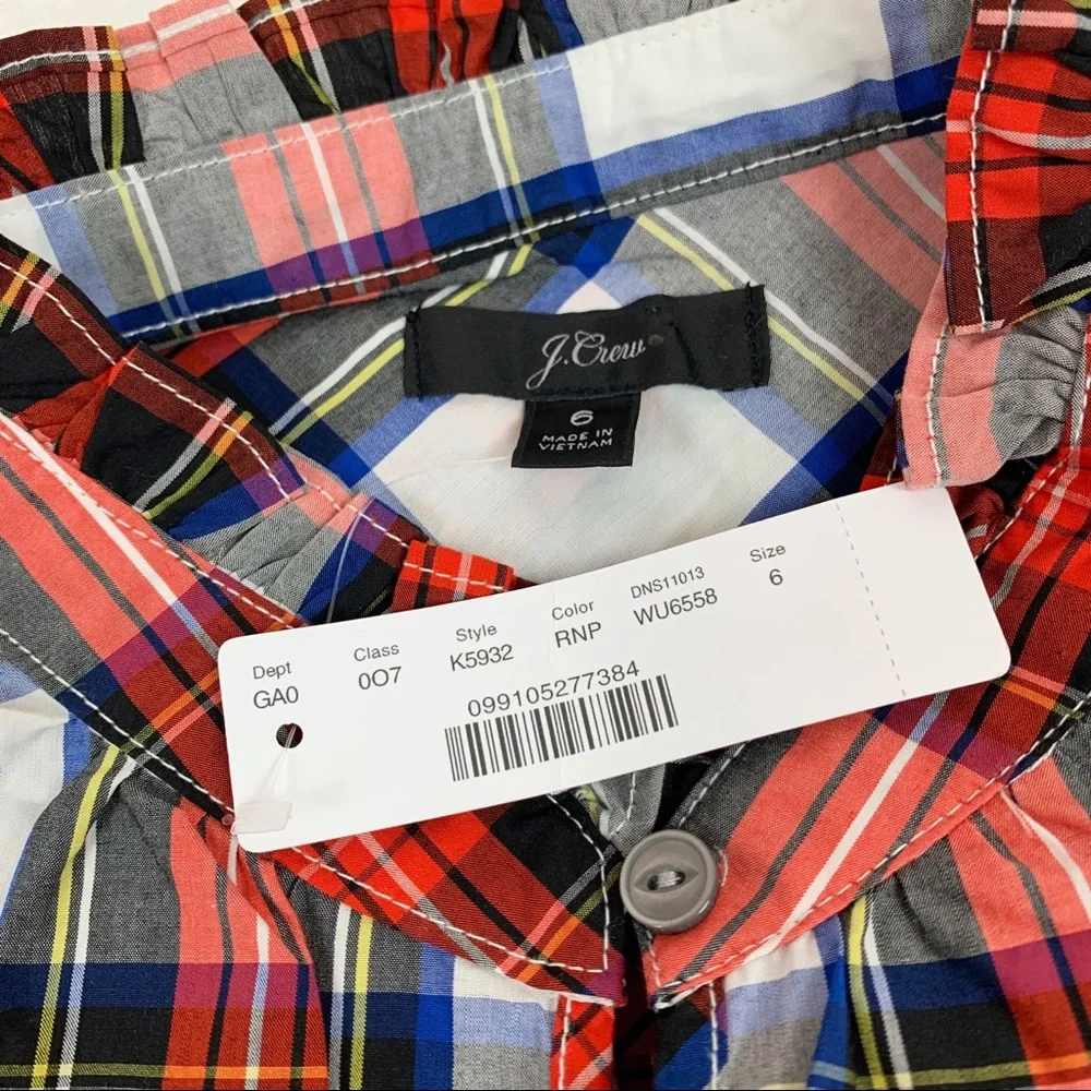 J Crew Ruffle Neck Cotton Plaid Top Holliday‎